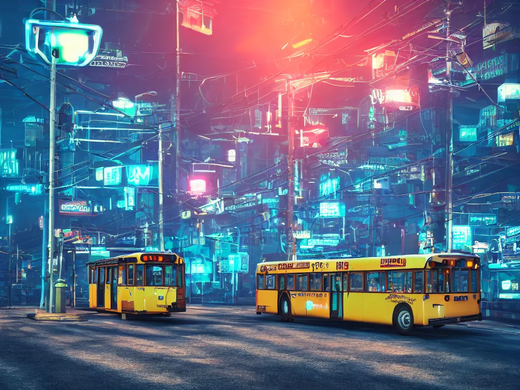 Image similar to trolleybus stands at a stop, headlights shine with neon light, atmospheric, futuristic, cyberpunk, ray tracing global illumination, 8 k resolution, ultra detailed