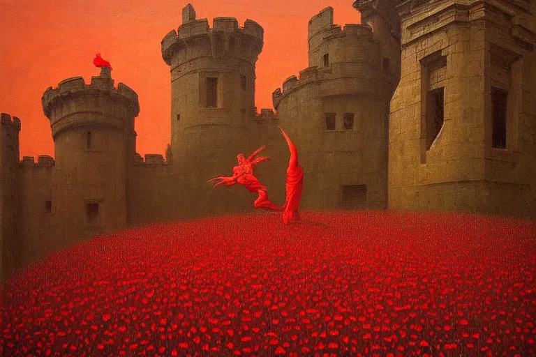 Image similar to only with red, red flowers of different types, a red tiger, a castle in the background, medieval demons dance over the flowers, an ancient path, in the style of beksinski, part by hopper, part by rodcenko, part by hofbauer, intricate composition, red by caravaggio, insanely quality, highly detailed, masterpiece, red light, artstation