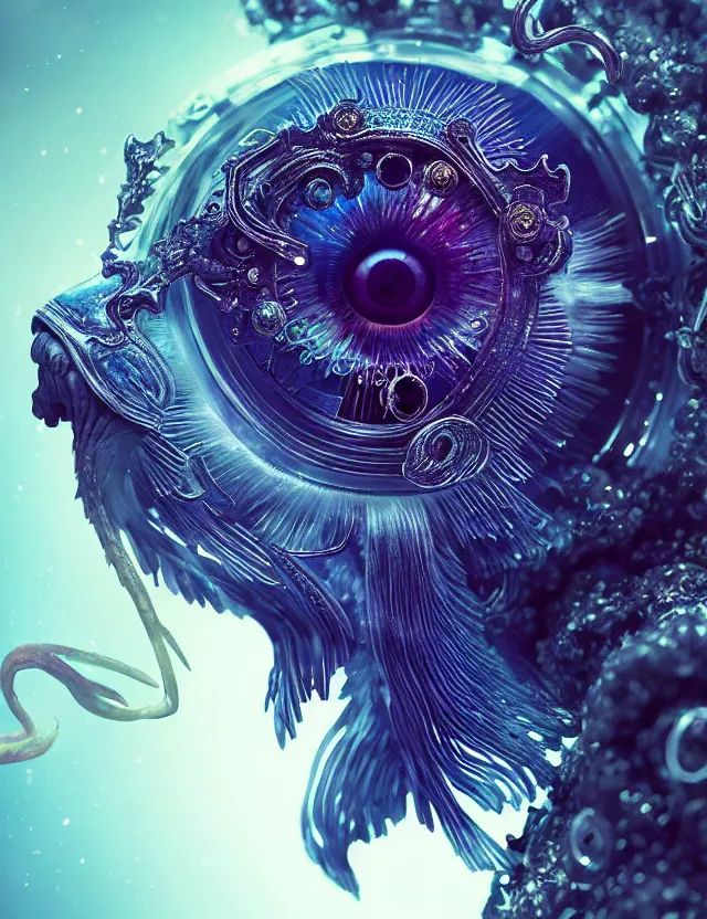 Image similar to eye of god macro close - up portrait with mask made of ram skull. betta fish, jellyfish phoenix, plasma, water, wind, creature, super intricate ornaments artwork by tooth wu and wlop and beeple and greg rutkowski