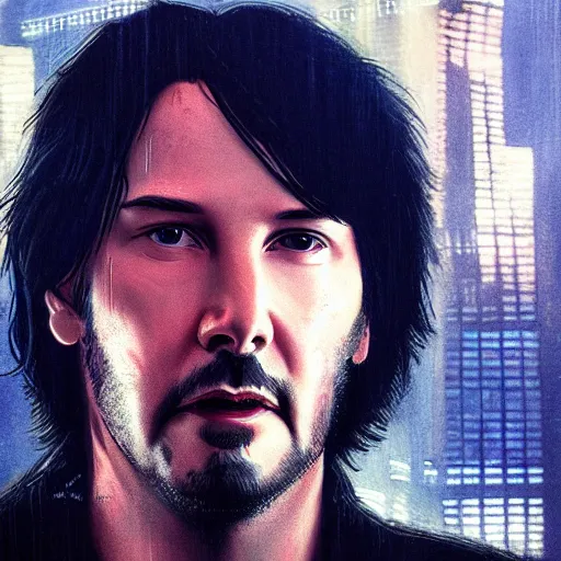 Image similar to closeup portrait of keanu reeves in blade runner, city background, dramatic light, gorgeous view, depth, high detail, digital art, painted by greg rutkowski and seb mckinnon, by tim burton, trending on artstation