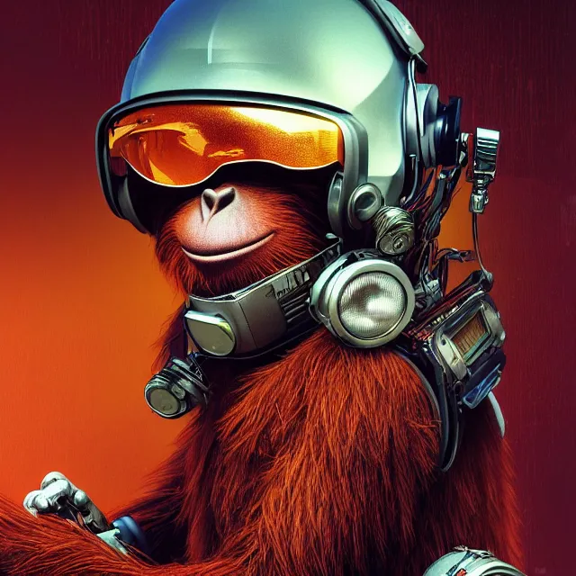 Image similar to a portrait of an anthropomorphic cyberpunk orangutan in a motorcycle helmet, detailed render, tape deck, boombox, headphones, epic composition, cybernetics, 4 k realistic, cryengine, realistic shaded lighting, sharp focus, masterpiece, by matteo scalera, gary montalbano, peter elson in the style of the tokyo ghost comic