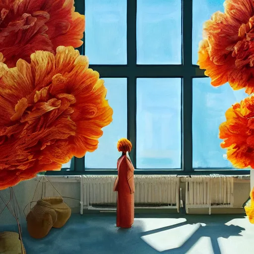 Image similar to giant carnation flower head, woman standing next to modern window in luxury loft, surreal photography, sunlight, impressionist painting, digital painting, artstation, simon stalenhag