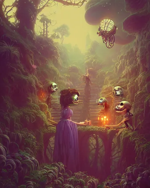 Image similar to highly detailed surreal vfx portrait of a happy skeletons in a fairytale world, stephen bliss, unreal engine, greg rutkowski, loish, rhads, beeple, makoto shinkai and lois van baarle, ilya kuvshinov, rossdraws, tom bagshaw, alphonse mucha, global illumination, detailed and intricate environment