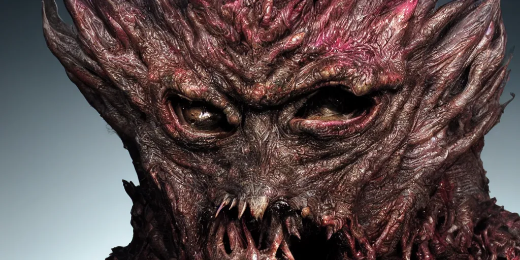 Image similar to a chtulhu creature head closeup, studio lighting, deep colors, apocalyptic setting, gross, evil