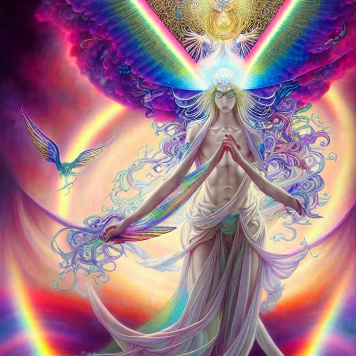 Prompt: psychedelic angelic celestial being by yoshitaka amano, and peter mohrbacher, ayahuasca, sacred geometry, esoteric art, rainbow colors