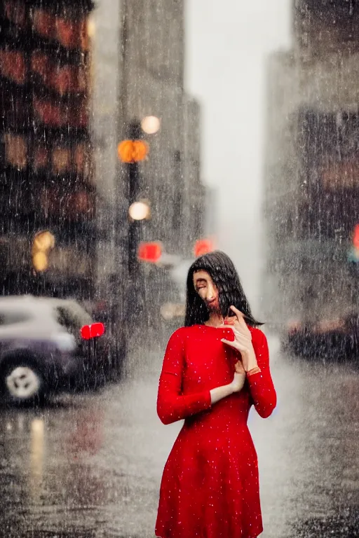 Image similar to a girl in a red dress crying in the middle of a city while its raining