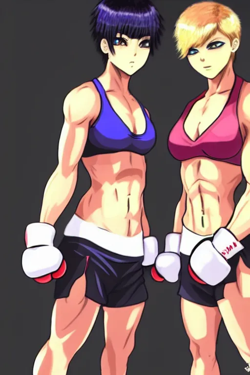 Image similar to two beautiful female fighters with short hair facing each other in the gym, gorgeous features, high definition, sharp focus, detailed anime art