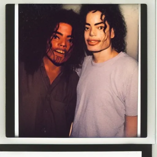 Prompt: polaroid of jerry garcia hanging out with michael jackson
