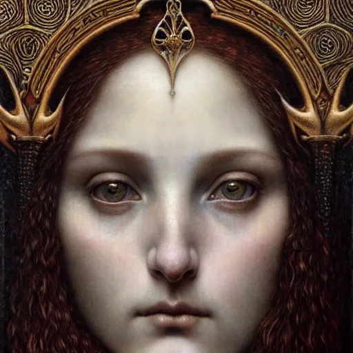 Prompt: detailed realistic beautiful young medieval queen face portrait by jean delville, tom bagshaw, brooke shaden, gustave dore and marco mazzoni, art nouveau, symbolist, visionary, gothic, pre - raphaelite, ornate gilded medieval icon, surreality, ethereal, unearthly, haunting, celestial, neo - gothic, ghostly