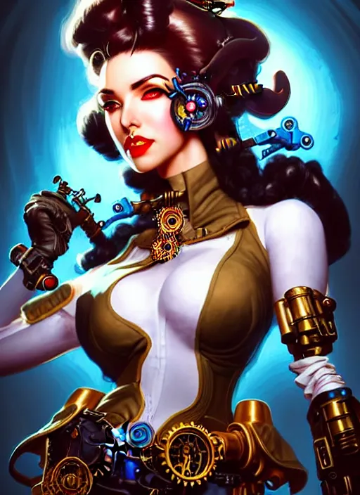 Image similar to front portrait of attractive Lady Mechanika with wavy hair using white gloves and retro guns, Intricate steampunk imagery , D&D!, fantasy style, sharp focus!, ultra detailed, art by Artgerm and Peter Andrew Jones, WLUP