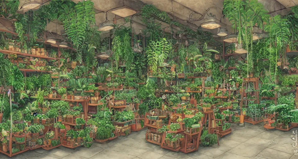 Image similar to plants shop, counter, ferns and vines, highly detailed, sharp focus, matte painting, by studio ghibli, by giovani magana,