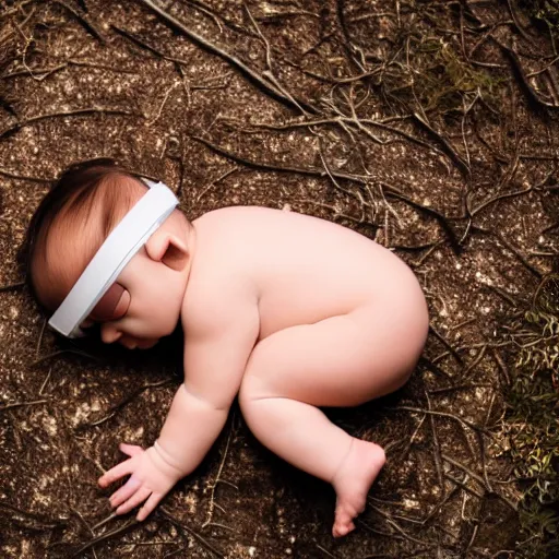 Prompt: A baby in a dark, desolate forest, wearing a VR headset, lying on the ground, Canon eos M50, 50mm, cinematic