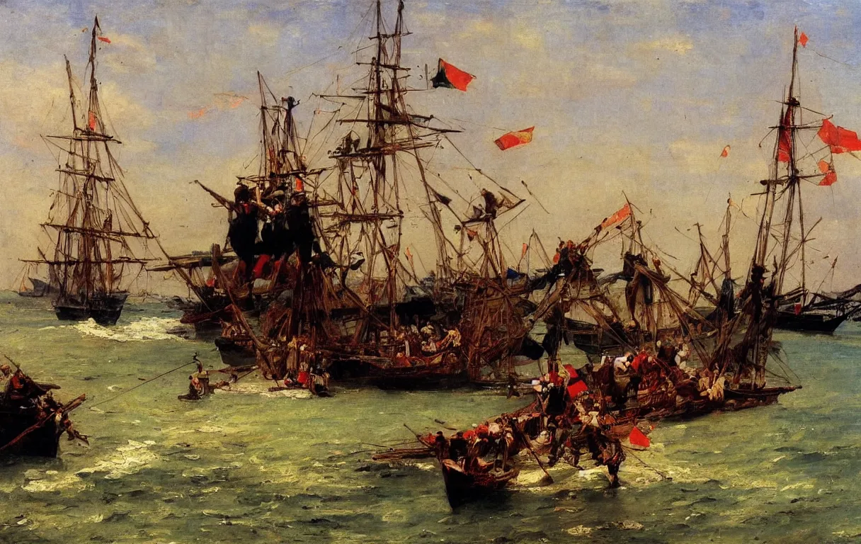 Image similar to one british brig sailing next to the nigerian coast, 1865, bright colors oil on canvas, by Ilya Repin
