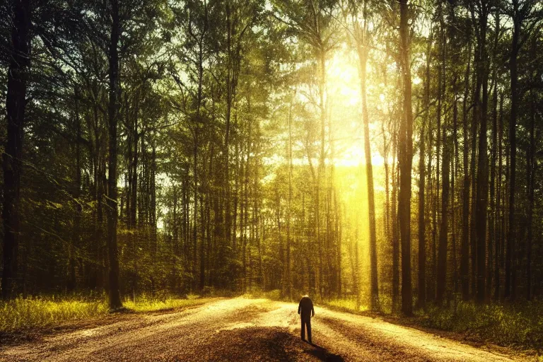 Prompt: a man standing on a dirt road in the woods, a stock photo by gregorius sickinger, pixabay contest winner, primitivism, rendered in maya, anamorphic lens flare, dark