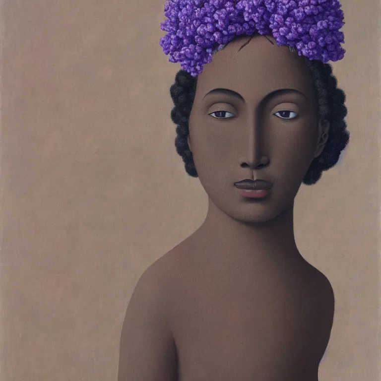 Prompt: portrait of a faceless lavender and camellia flower - head black woman by rene magritte, detailed painting, distance, centered, hd, hq, high resolution, high detail, 4 k, 8 k