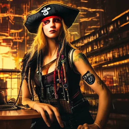 Image similar to a high quality portrait of a beautiful stunning pirate in a cyberpunk cyberpunk cyberpunk cafe, realism, 8k, award winning photo