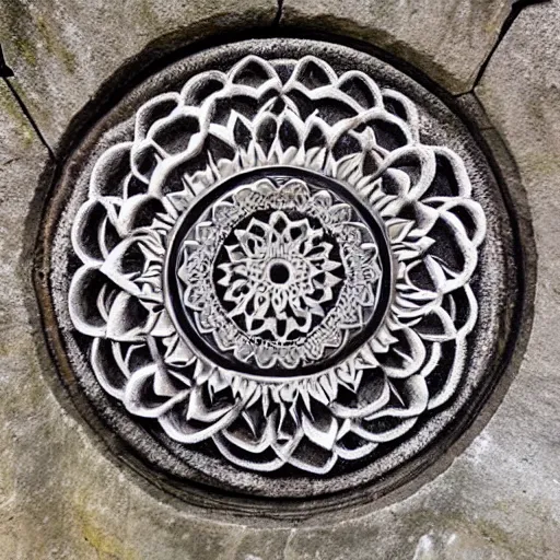 Image similar to mandala carved into the side of a mountain