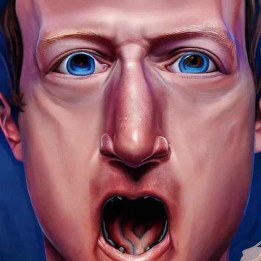 Prompt: mark zuckerberg clawing away his own skin to reveal the monster underneath, an angry artstation painting