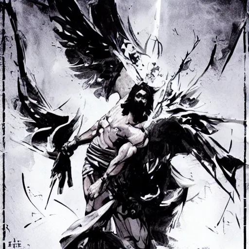 Image similar to jesus in a jojo dramatic pose against lucifer morningstar, illustration by yoji shinkawa and greg rutkowski