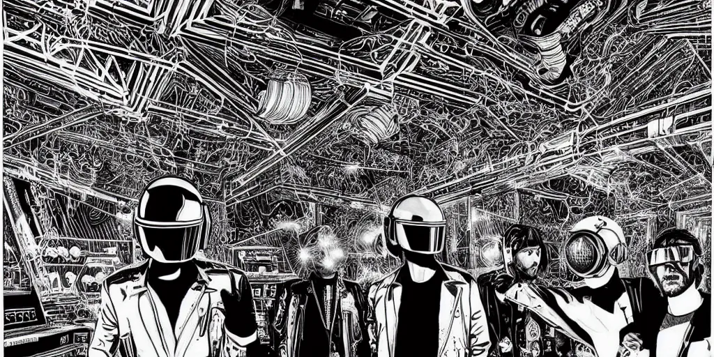 Prompt: intricate detailed artwork of Daft Punk using dj controller at an underground warehouse rave in Ibiza playing techno house music, thousands beautiful gorgeous girls dancing in bikini, in the style of Moebius, wires, speakers, black and white ink, some ink drips
