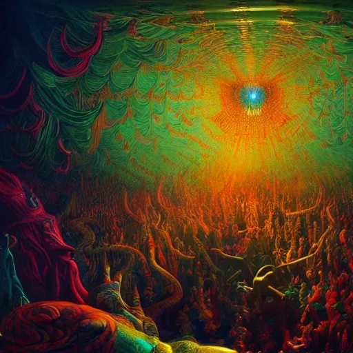 Image similar to Photorealistic Dream Carnival in the style of Michael Whelan and Gustave Dore. Hyperdetailed photorealism, 108 megapixels, amazing depth, glowing rich colors, powerful imagery, psychedelic Overtones, 3D finalrender, 3d shading, cinematic lighting, artstation concept art