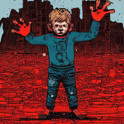 Image similar to a child with bloody red hands standing in ruins by Dan Mumford