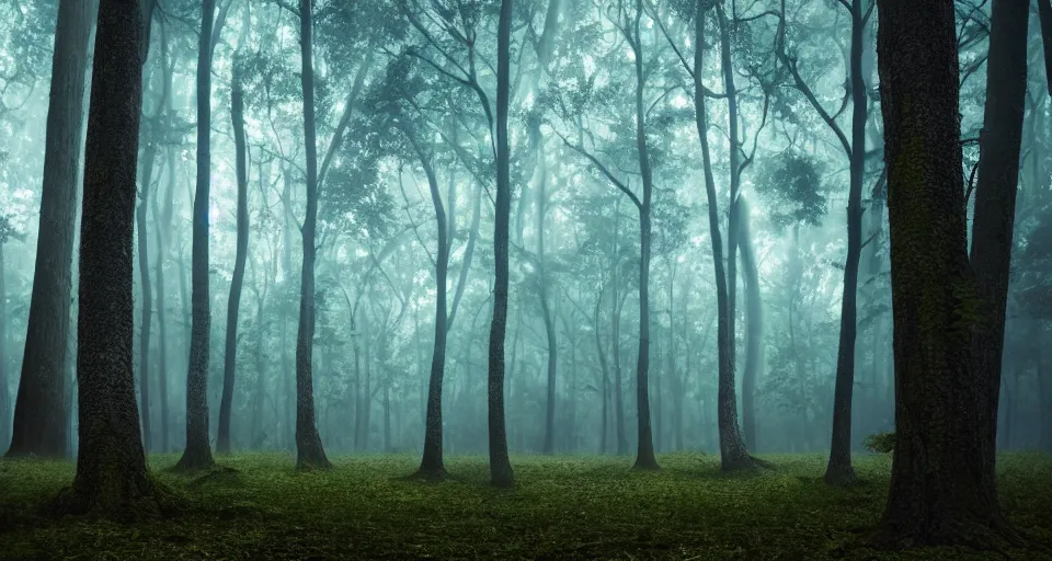 Prompt: a magical forest, thick fog, dark, fireflies glow, big trees, epic lighting, cinematic 4K