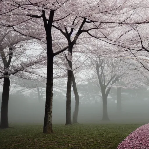 Prompt: a photograph of a white concrete cube sitting center frame in the middle of a cherry blossom forest, foggy, liminal