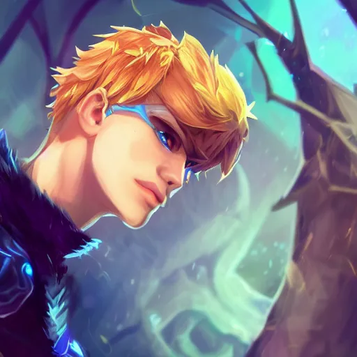 Image similar to league of legends character style of teenager cute boy, blonde hair, blue eyes, kissing with tree, close up, cinematic light, dark room, detailed, photo, 8K