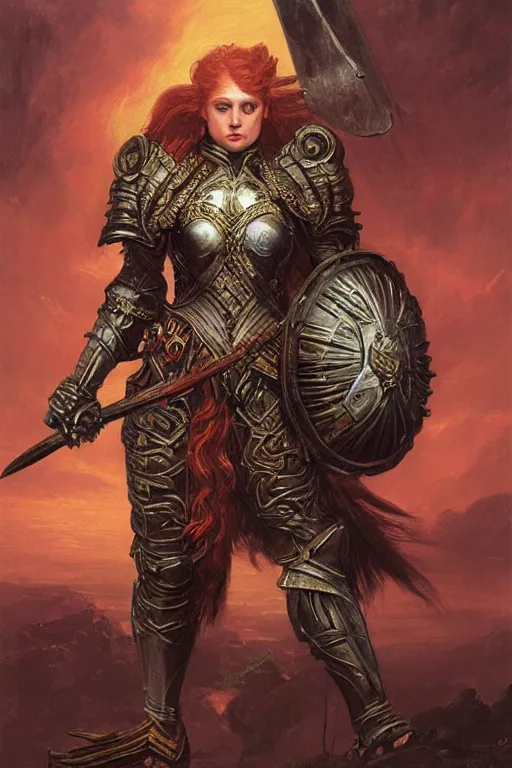 Prompt: beautiful female warrior, half body portrait, ginger hair, ornate armour, realistic oil painting by Thomas Cole and Wayne Barlowe