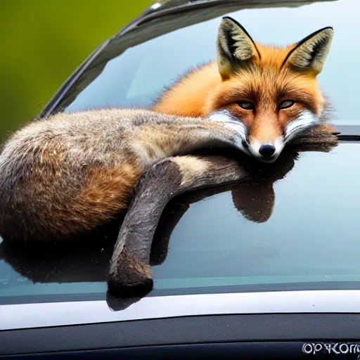 Prompt: fox sleeping on a car's hood, 2 0 0 mm