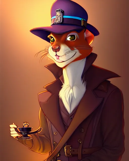 Image similar to don bluth, loish, artgerm, joshua middleton, steampunk, clockpunk anthropomorphic squirrel, full policeman outfit, smiling, symmetrical eyes symmetrical face, colorful animation forest background