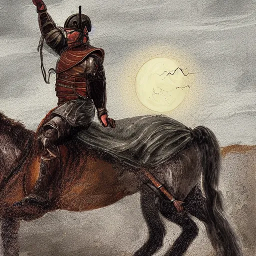 Image similar to Digital art of a tired spartan soldier riding horse on the battlefield in the style of an oil painting, acrylic, bleak, moonlight, detailed,