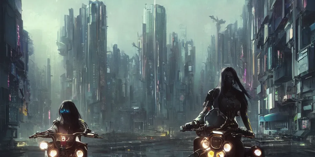 Prompt: portrait of a young beautiful cyberpunk woman on a motorbike driving away down the a street of a cyberpunk city neuromancer, megacity, gorgeous view, depth, high detail, digital art, painted by greg rutkowski & seb mckinnon, trending on artstation