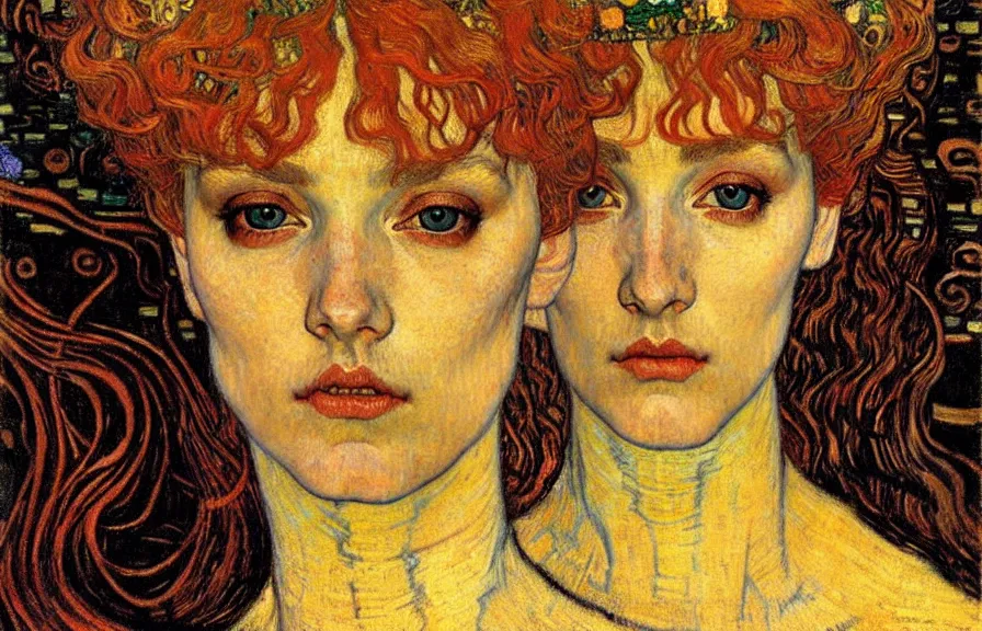 Image similar to detailed realistic beautiful young medieval queen face portrait by jean delville, gustav klimt and vincent van gogh, art nouveau, symbolist, visionary, gothic, pre - raphaelite, muted earthy colors, desaturated