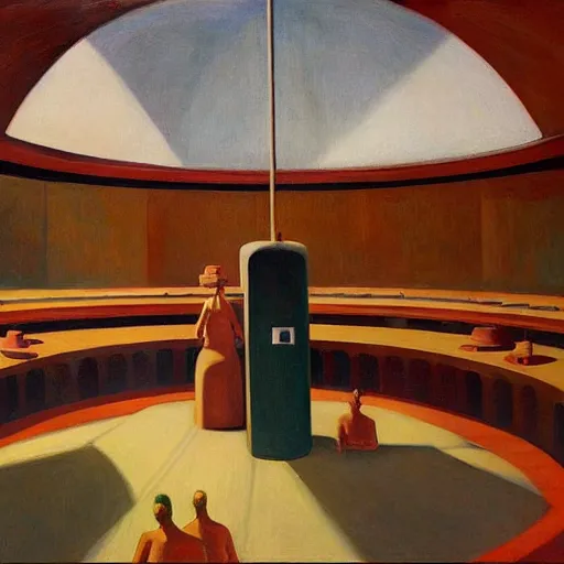 Image similar to three brutalist robotic seers watchers oracles soothsayers inside a dome, pj crook, grant wood, edward hopper, syd mead, oil on canvas