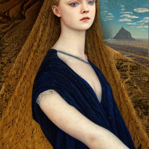 Prompt: professional painting of Elle Fanning in Santorini in the style of Dino Valls, head and shoulders portrait, symmetrical facial features, smooth, sharp focus, illustration, intricate, stormy weather, extremely detailed masterpiece,