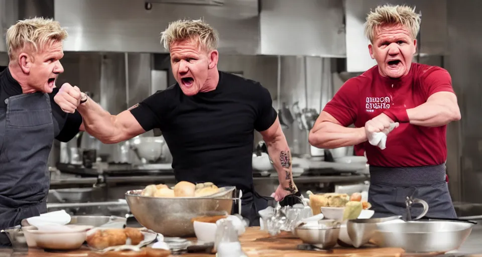 Image similar to photo of angry furious Gordon Ramsay punching Gordon Ramsay at the kitchen