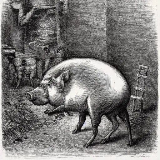 Prompt: Squealer the pig walking on his hind legs, creepy atmosphere, close-up, illustration by Gustave Doré, Animal Farm by George Orwell