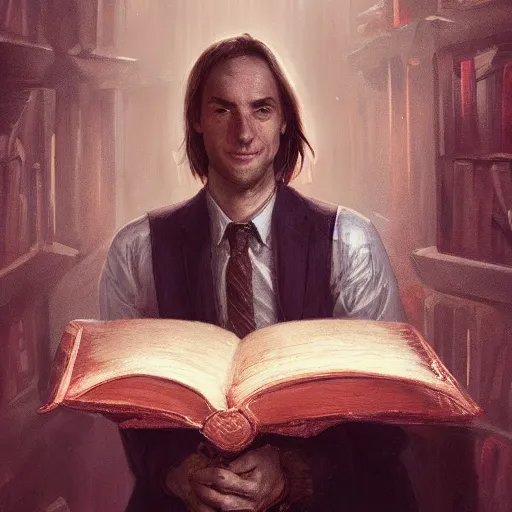 Image similar to My Favorite Portrait of a lawyer genius academician wearing a grimoire in his holding hand whilst wearing a vest of scholarship Greg Rutkowski Marc Simonetti Anato finnstark Brooklyn New York Hidden Stairway Hidden Alcove Visible Alleyway 4k Artstation Background Wallpaper 1080p