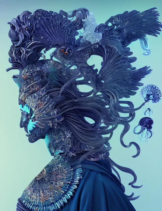 Image similar to 3 d goddess in robe close - up profile portrait with ram skull. beautiful intricately detailed japanese crow kitsune mask and clasical japanese kimono. betta fish, jellyfish phoenix, bio luminescent, plasma, ice, water, wind, creature, artwork by tooth wu and wlop and beeple and greg rutkowski