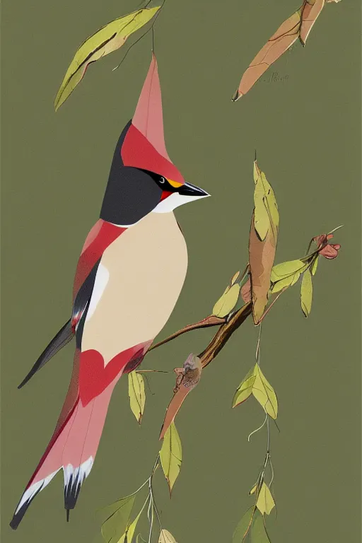 Image similar to ethereal Bohemian Waxwing bird, Bombycilla garrulus , illustration