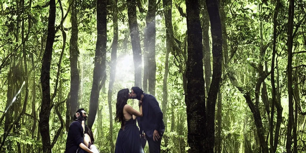 Image similar to kareena kapoor and arjun rampal kissing in a forest, natural lighting, hyper detailed, photographic, cinematic lighting, studio quality.