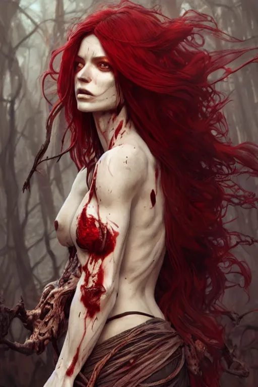 Prompt: woman skeleton covered with blood, long red hair, ultra realistic, concept art, intricate details, highly detailed, photorealistic, octane render, 8 k, unreal engine. art by artgerm and greg rutkowski and alphonse mucha