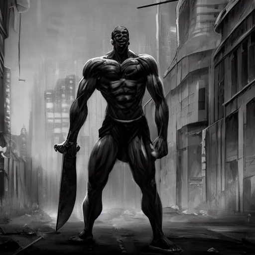 Image similar to black and white muscular demon man holding bayonet knife exploring urban environment, concept art trending on art station 4k award-winning unreal engine