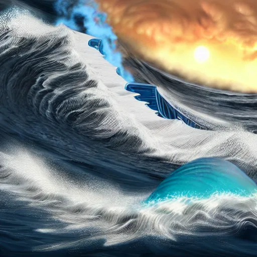 Prompt: giant tsunami wave that is 20 miles high, about to crash into a small coastal town. digital painting, higly detailed, photo realistic, intricate, large scale