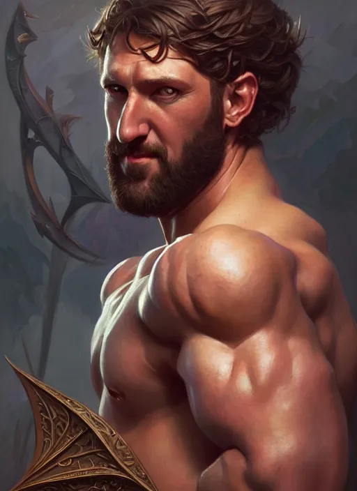 Image similar to portrait of alex horne, d & d, muscular! fantasy, intricate, elegant, highly detailed, digital painting, artstation, concept art, smooth, sharp focus, illustration, art by artgerm and greg rutkowski and alphonse mucha