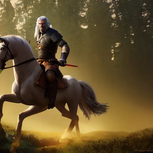 Image similar to Geralt of Rivia riding a horse in forest, 4k, artstation, cgsociety, award-winning, masterpiece, stunning, beautiful, glorious, powerful, fantasy art