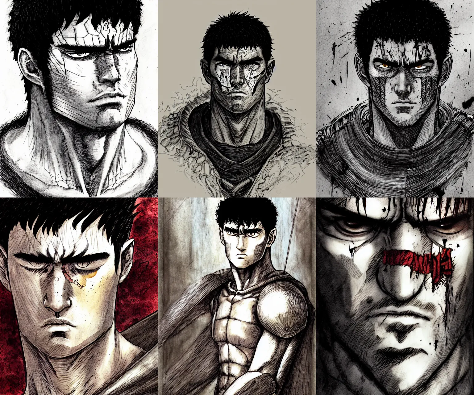 Prompt: portrait of guts from berserk, injured, rugged, mixed art styles, artstation, deviantart, behance, concept art, smooth, focus, by david w. mack, kentaro miura