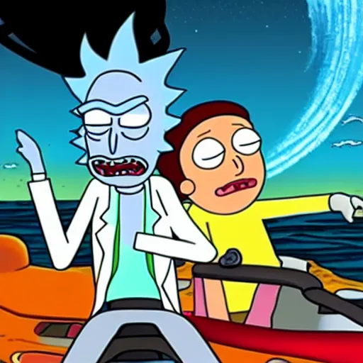 Image similar to rick and morty driving jetskis